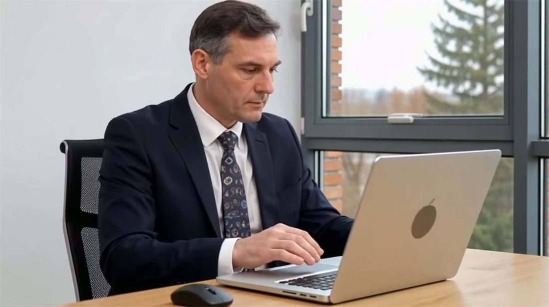 Notario consultando el asistente notarial en su portátil