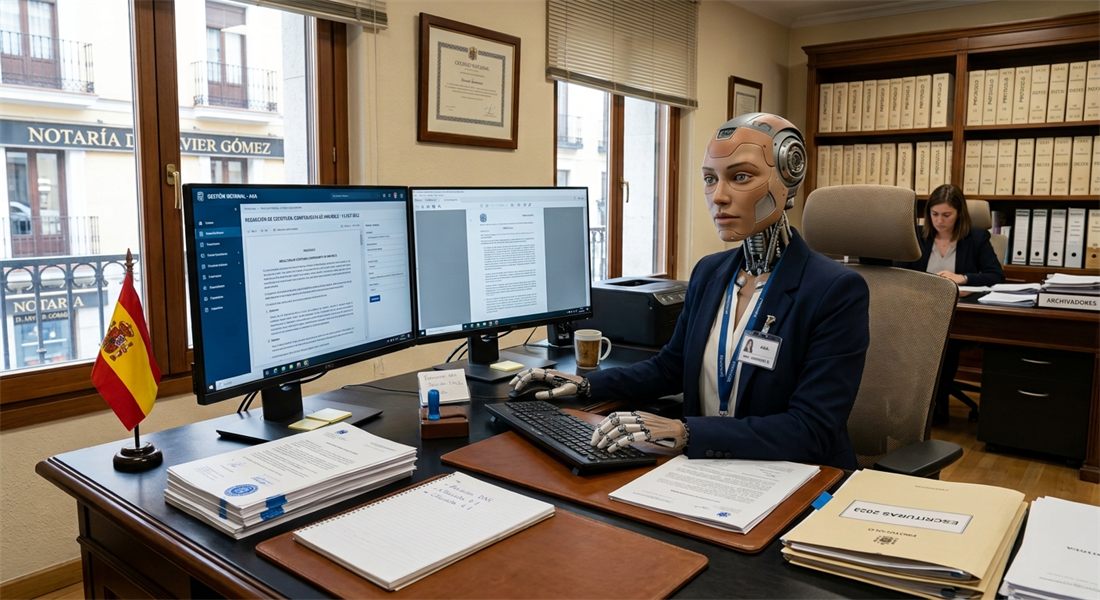 Robot humanoide tramitando documentos en el despacho de una notaría
