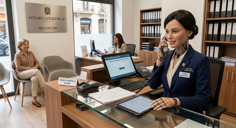 Recepcionista con IA atendiendo el teléfono en la recepción de una notaría