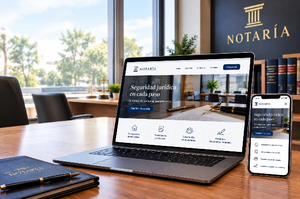 Web de una notaría vista en un portátil y en un móvil